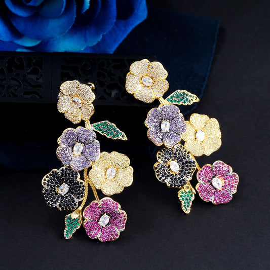 Temperament French micro-paved colored zircon plant flower earrings trendy earrings